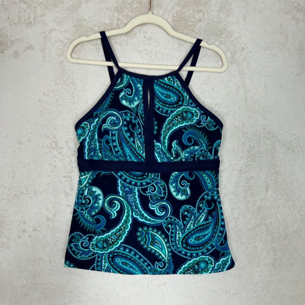 Lands End Womens Blue Paisley High Neck Keyhole Tankini Top Swimsuit Size 12